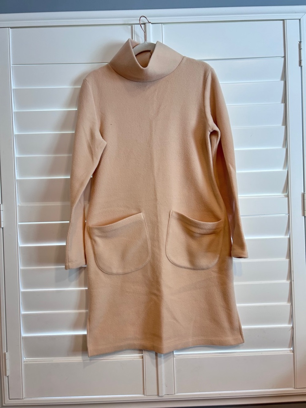 Dudley Stephens Fleece Turtleneck Dress with Oversized Pockets Cream Tan Medium